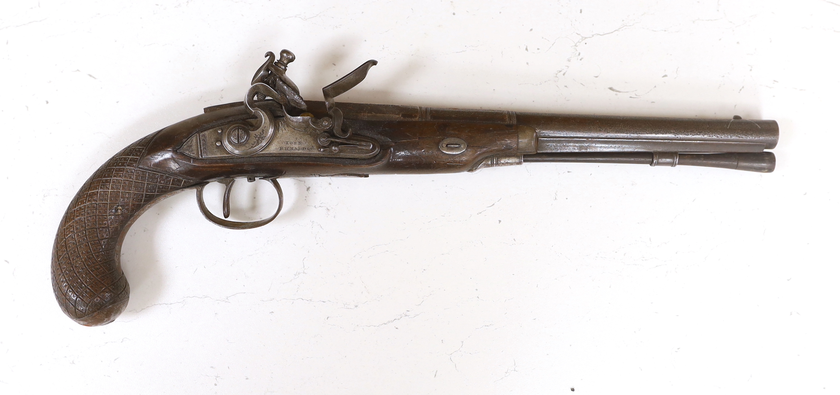 A 20 bore flintlock duelling pistol, lock engraved John Richards, c.1780